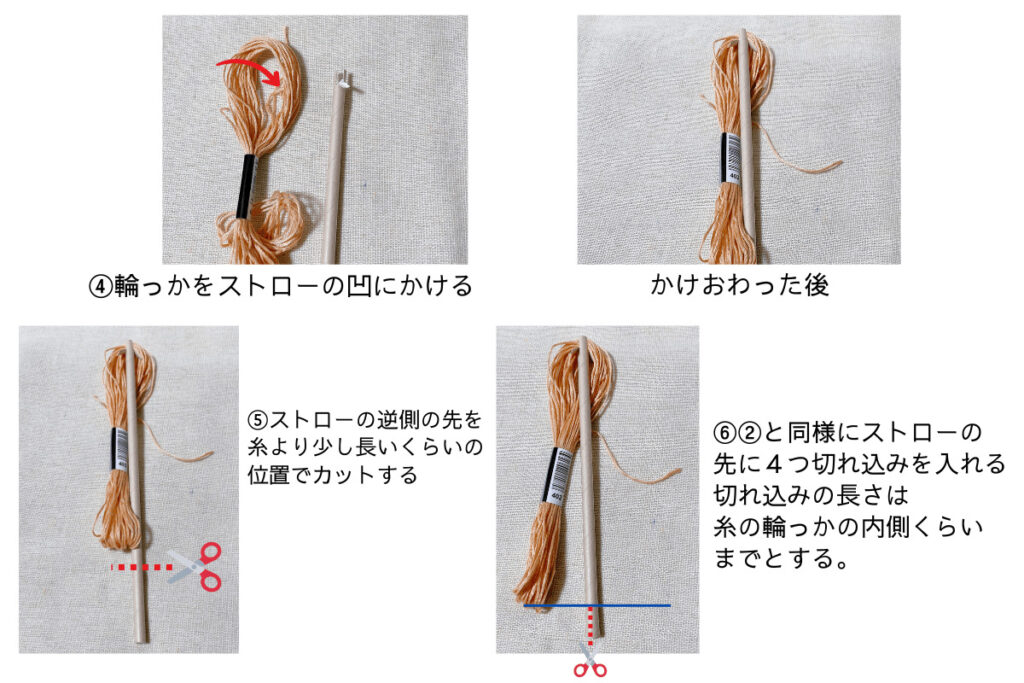 ④輪っかをストローの凹にかける
⑤ストローの逆側の先を糸より少し長いくらいの位置でカットする
⑥②と同様にストローの先に４つ切れ込みを入れる。切れ込みの長さは糸の輪っかの内側くらいまでとする