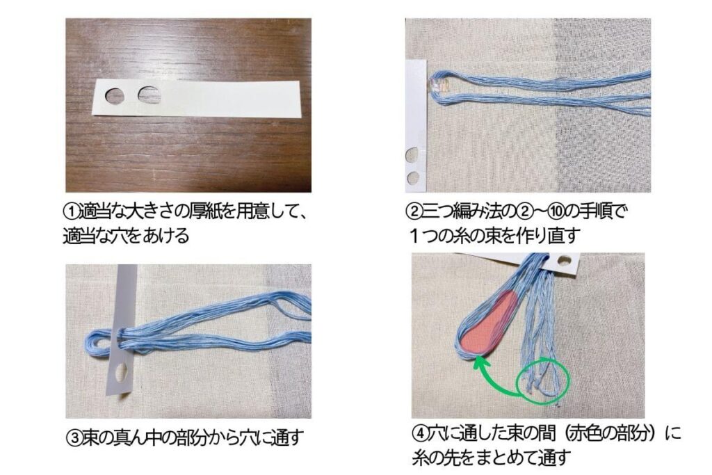 ①適当な大きさの厚紙を用意して、
適当な穴をあける
②三つ編み法の②～⑩の手順で
１つの糸の束を作り直す
③束の真ん中の部分から穴に通す
④穴に通した束の間（赤色の部分）に
糸の先をまとめて通す